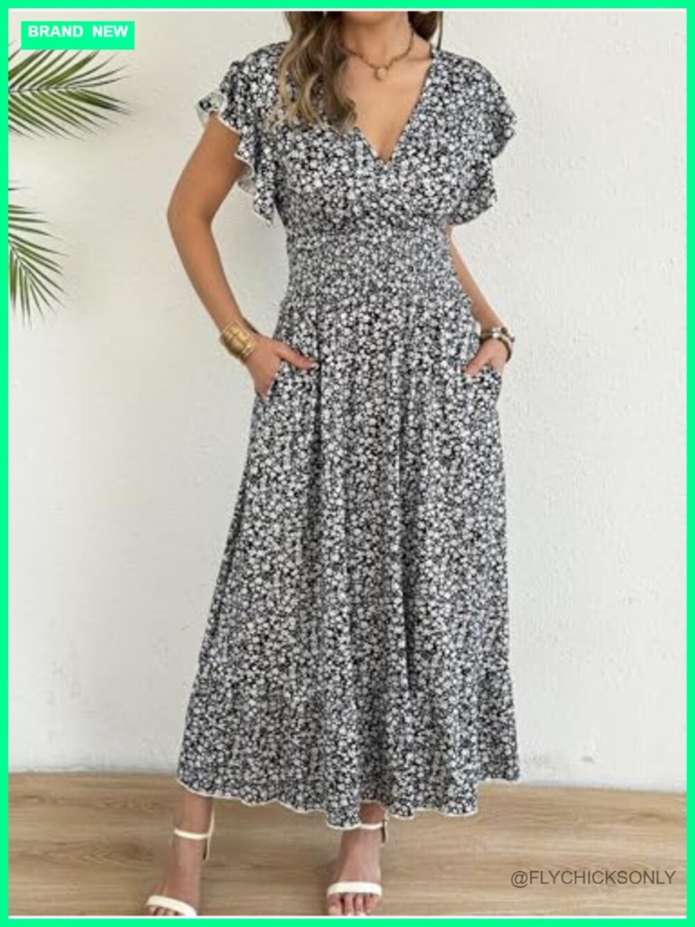 Flowy Floral Maxi Dress with Pockets - 95% Polyester 5% Spandex - Picture 3 of 6